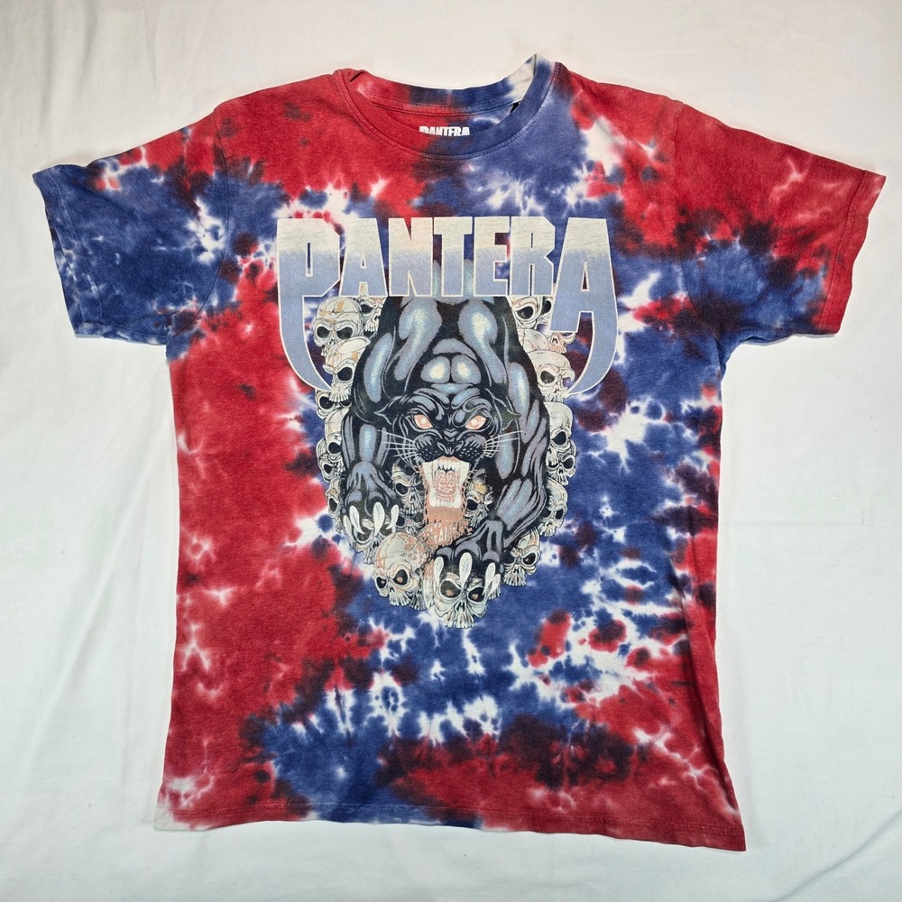 Pantera Red White Blue Tie Dye Graphic T-Shirt Panther Skulls Rock Band Medium
